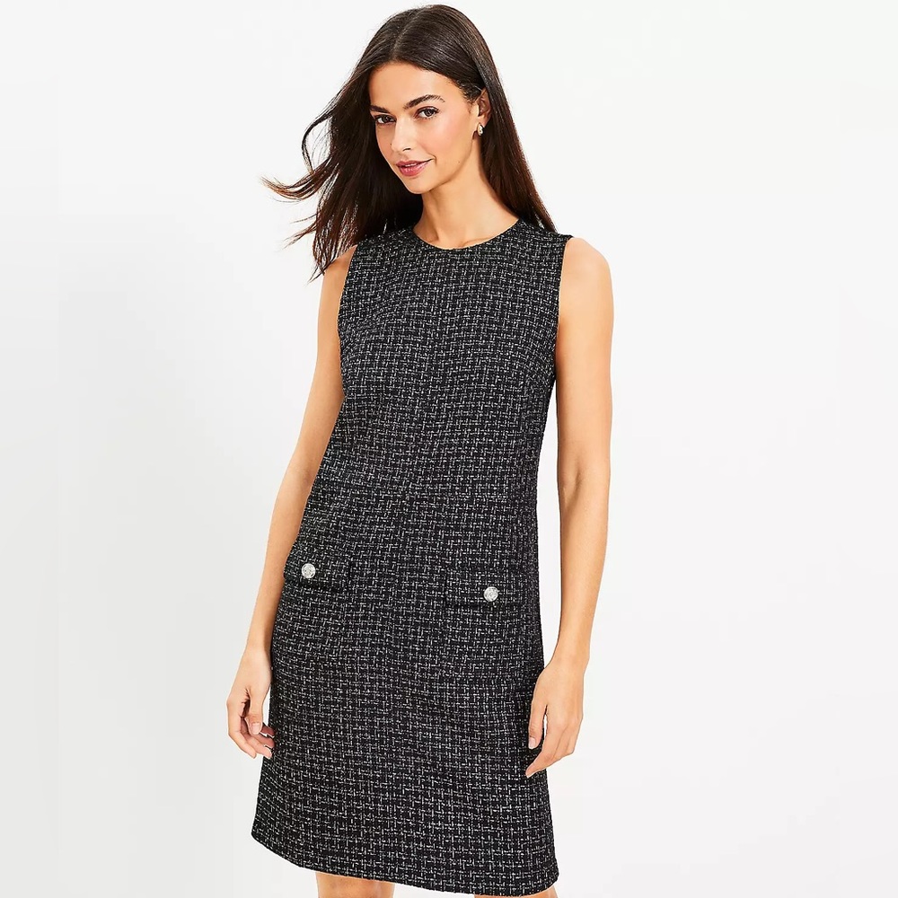 NWT LOFT Petite Metallic Tweed Button Pocket Dress Ann Taylor 00 Small Women's